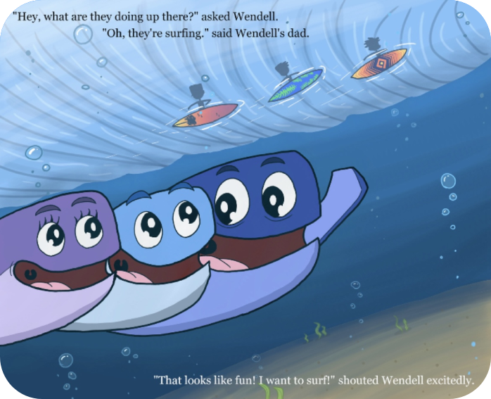 A cartoon of three blue whales in the ocean.