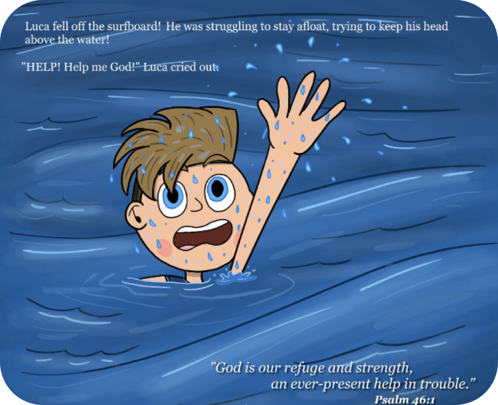 A cartoon of a boy in the water with his hand up.