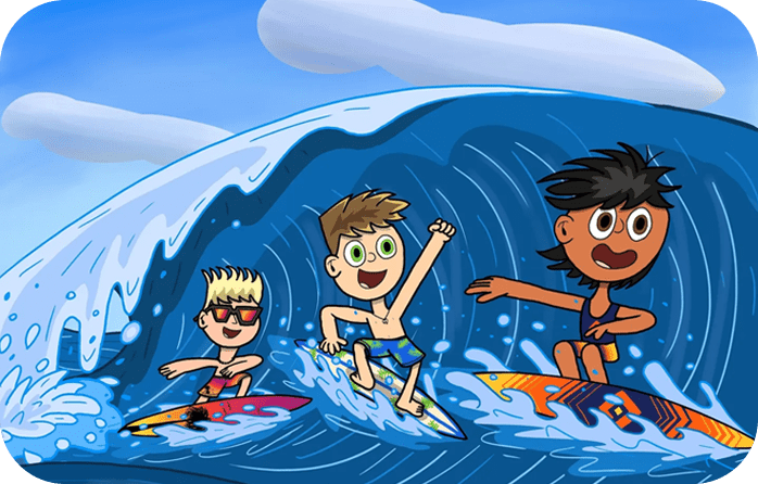 A group of kids riding surfboards on top of waves.