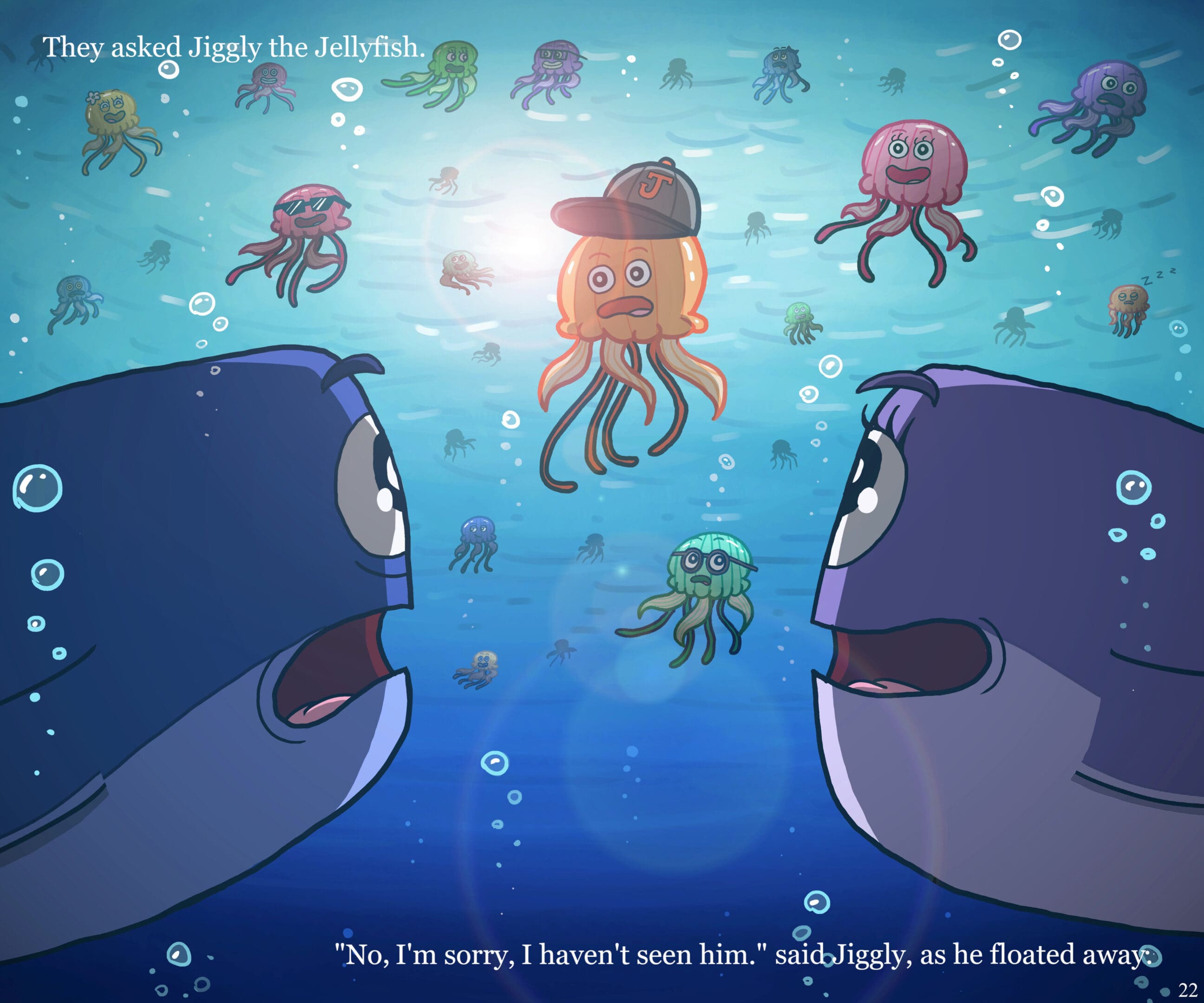 A cartoon of two animals in the ocean with octopi.